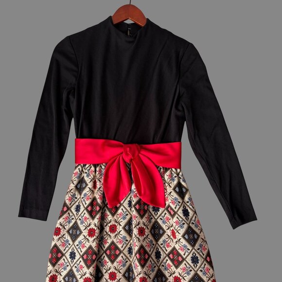 Vtg 70s Holiday Maxi Dress Black Bodice Bow Waistband Floral Jaquard Skirt 0 2 - Picture 3 of 10